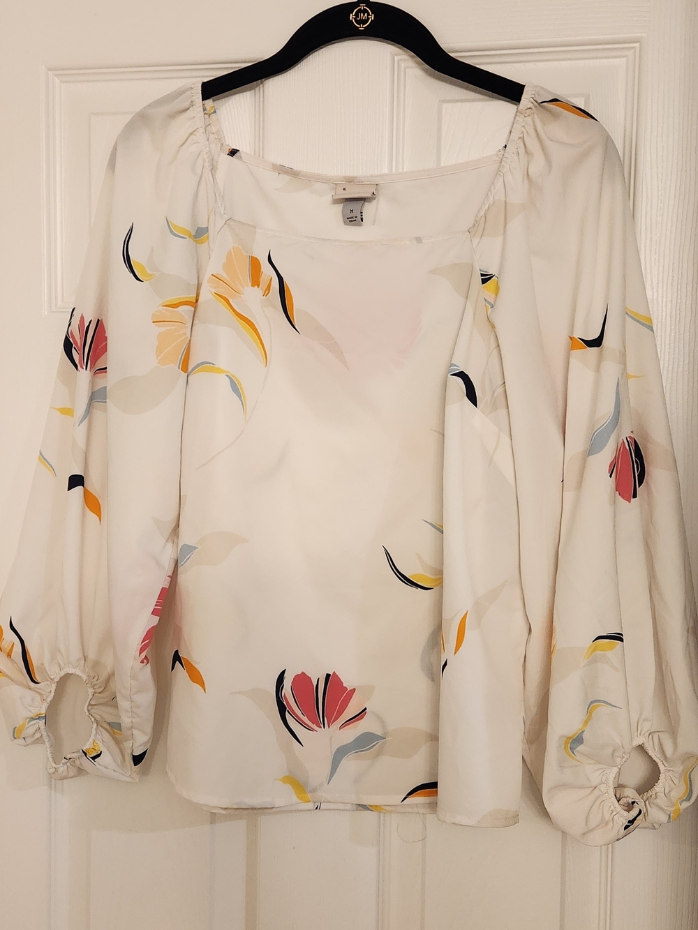 A New Day White Floral Square-Neck Long Sleeve Blouse Size M Unique Fit - Picture 8 of 14